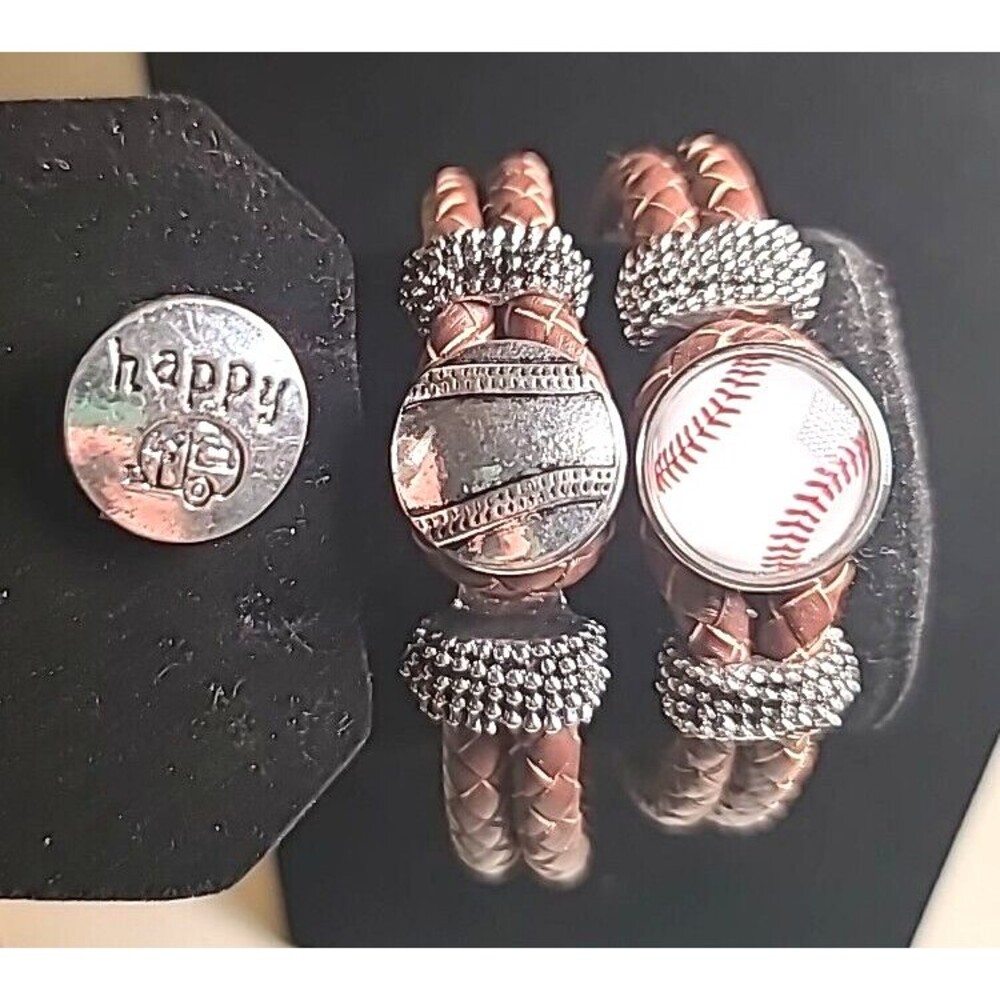 NWOT Lot Of 2 Leather Bracelets Interchangeable Snap Charm Baseball Camper